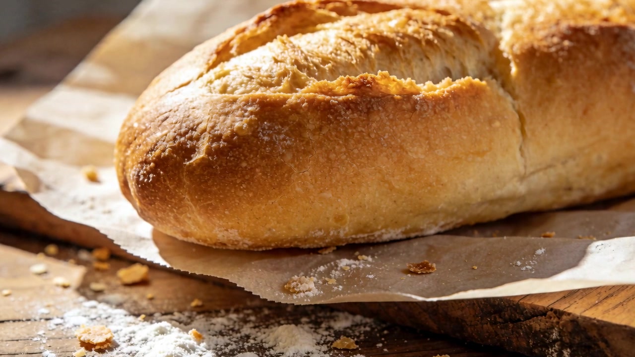 La telecamera zooma verso una pagnotta di baguette croccante su carta da forno su un tavolo rustico, evidenziando la crosta.