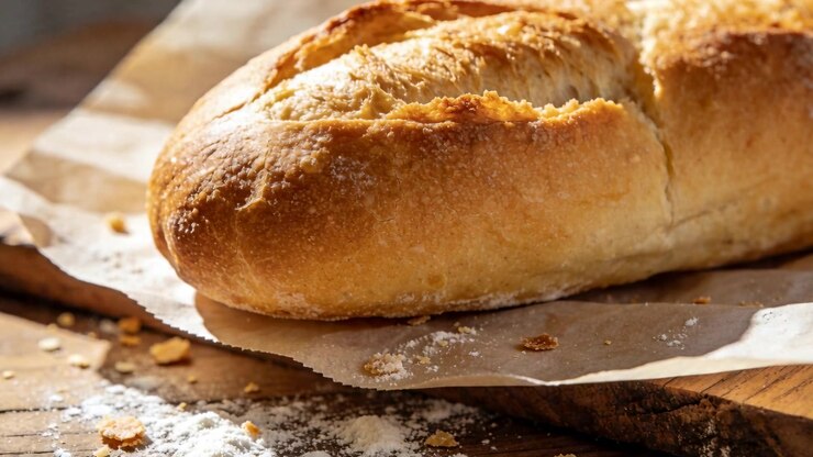 Zooming camera pushing toward crusty baguette loaf on parchment at rustic table, highlighting crust