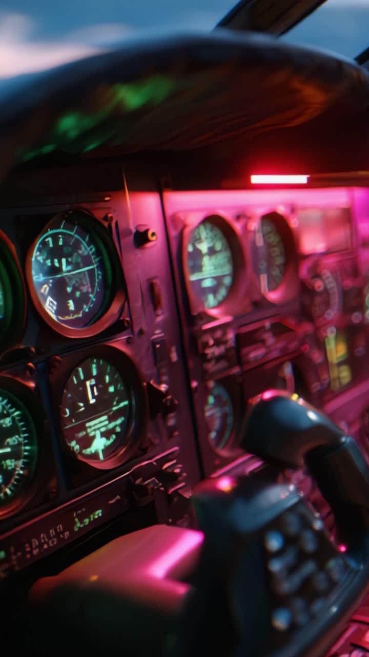 Esplorando i dettagli intricati di un pannello di controllo della cabina di pilotaggio che mostra strumenti e display in un ambiente di illuminazione vibrante