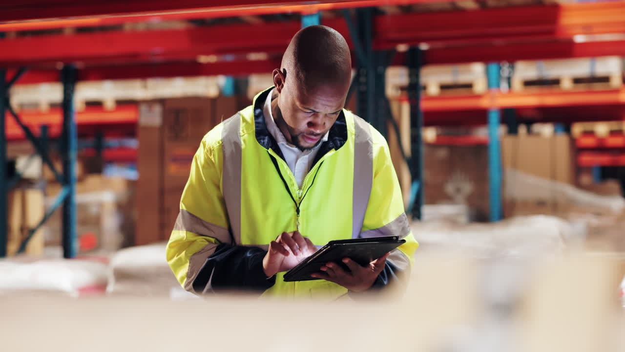 Warehouse worker checking inventory on a tablet
