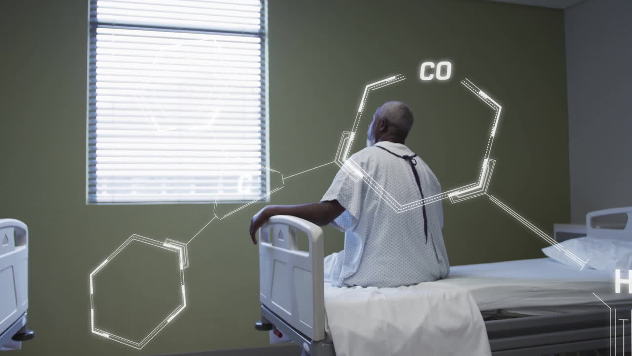 Animation of scientific data processing over african american man in hospital bed