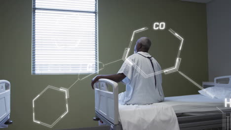 animation of scientific data processing over african american man in hospital bed