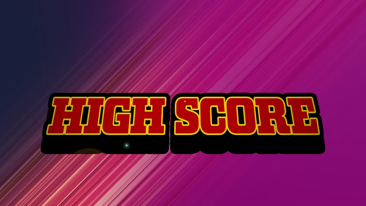 animación de un cartel de texto de alta puntuación sobre senderos de luz en un patrón sin costuras sobre un fondo púrpura