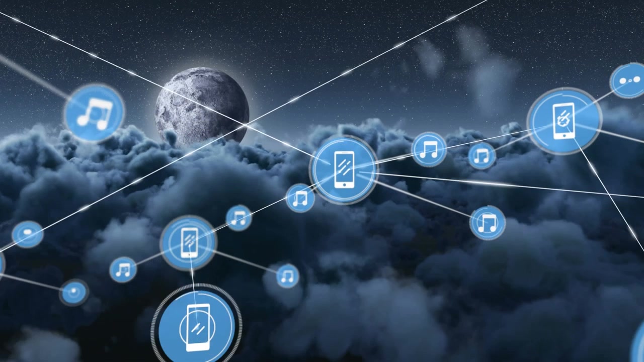 Animation of network of connections with icons over moon, sky with clouds