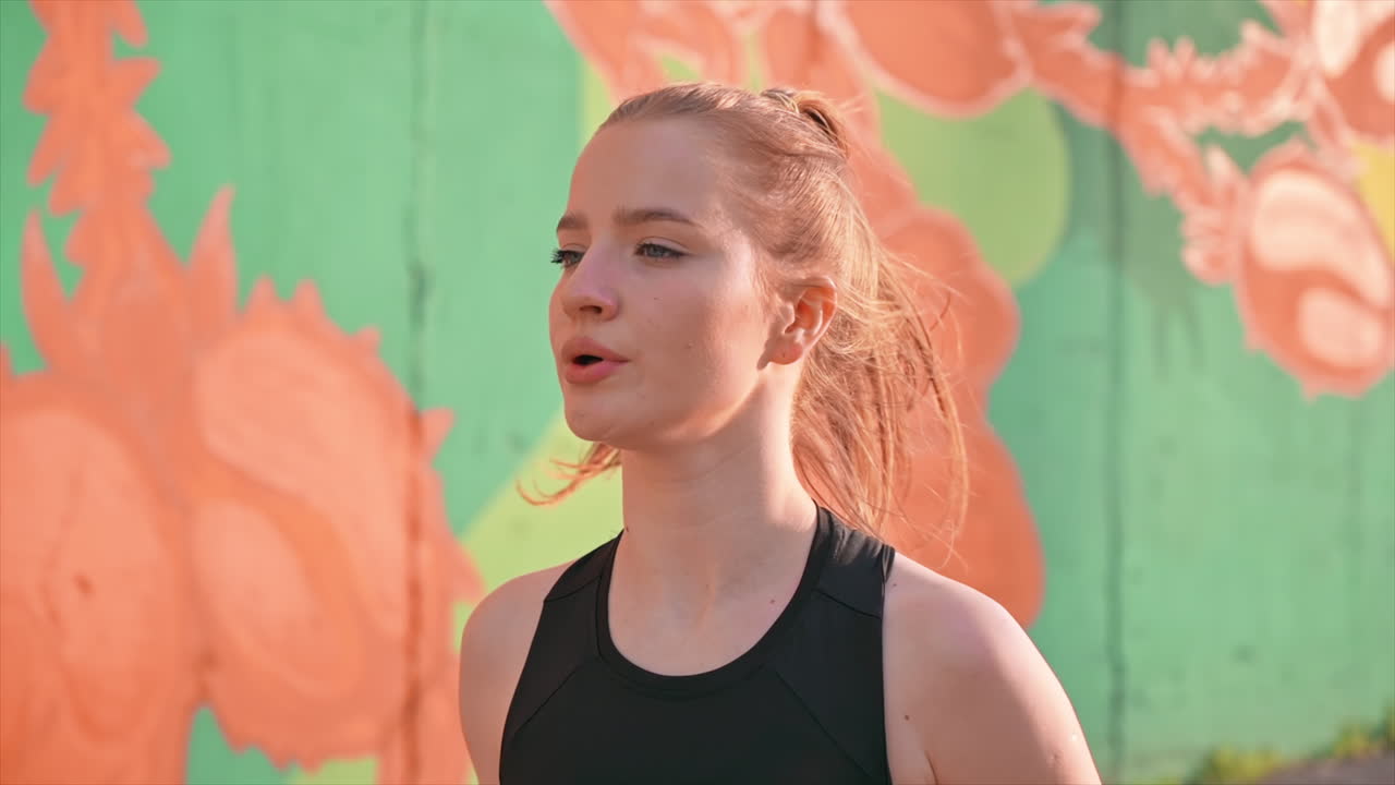 Young blonde woman in sportswear running on the road at outdoors training. Slow motion