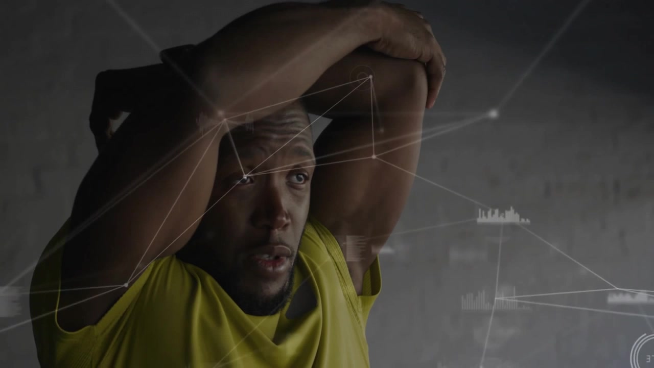 Athlete lifting right arm and pulling elbow into triceps stretch while displaying fitness analytics