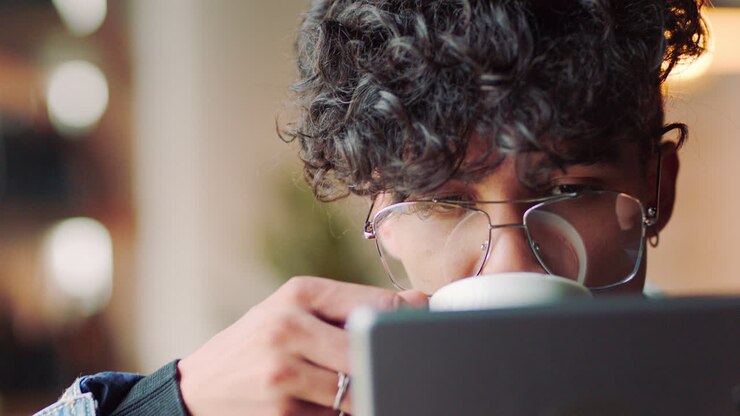 Caffè, caffetteria e studente su un tablet digitale