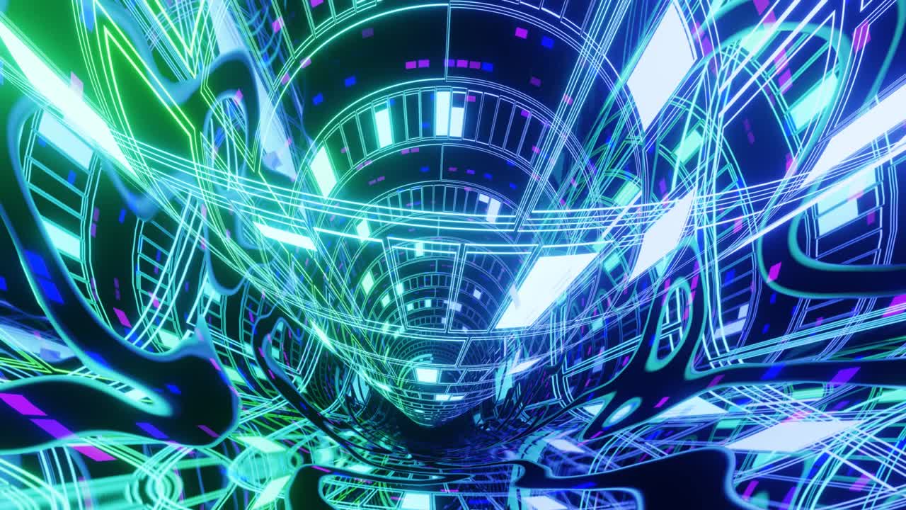 Hi-tech neon sci-fi tunel. Trendy neon glow lines form pattern and construction in mirror tunnel. Fly through technology cyberspace. Neon rings. 3d looped seamless 4k bright youth background.