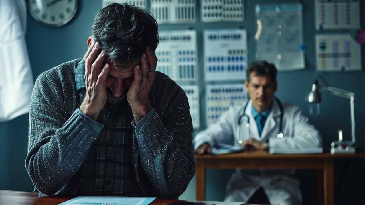 Distressed Man Receiving Bad News During Medical Consultation with Doctor