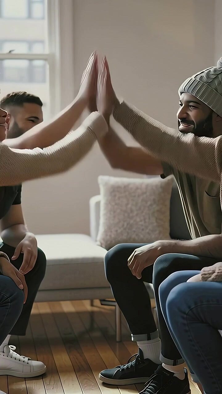 Video verticale: Amici che ridono a casa dopo che uno di loro ha alzato le mani per un cinque, indossando un berretto
