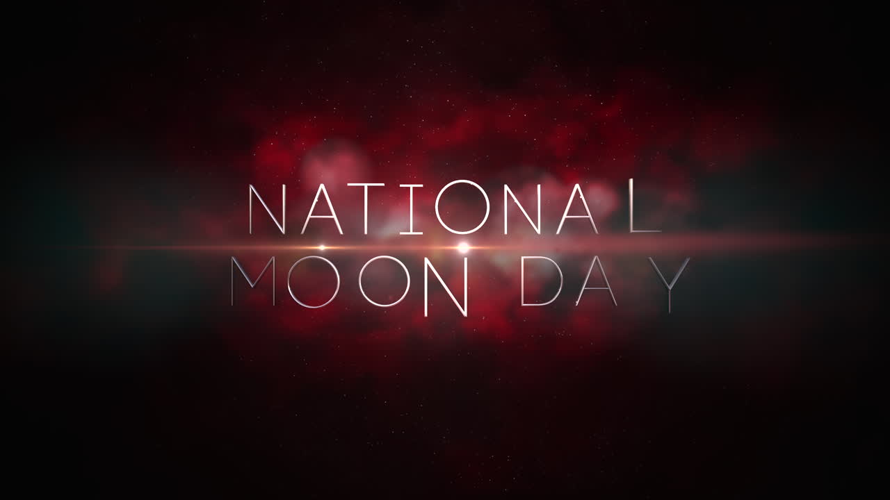 Giorno Nazionale della Luna con lampo di stelle e nuvole rosse in una galassia oscura.