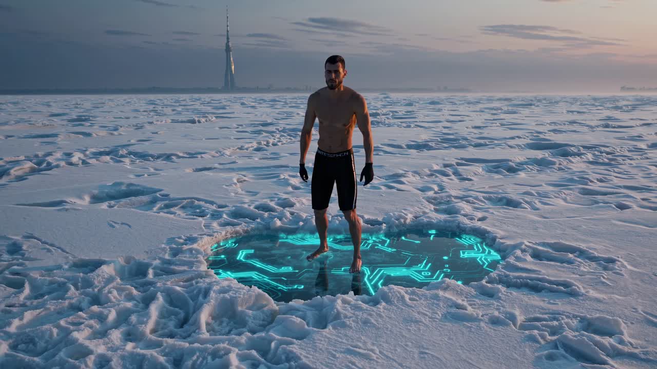 Man standing on frozen lake with circuit board reflection