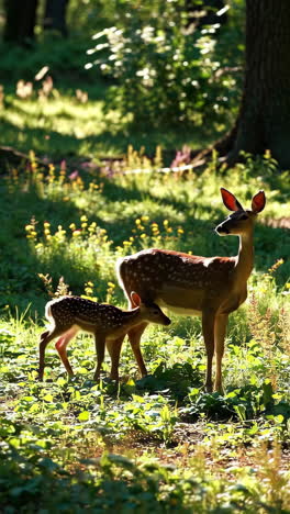 mother deer and baby deer in forest