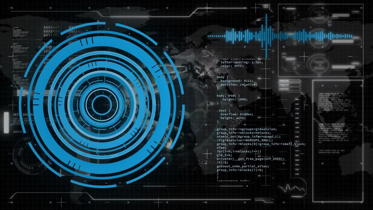 animación de la interfaz con escáner redondo y procesamiento de datos contra globo giratorio.
