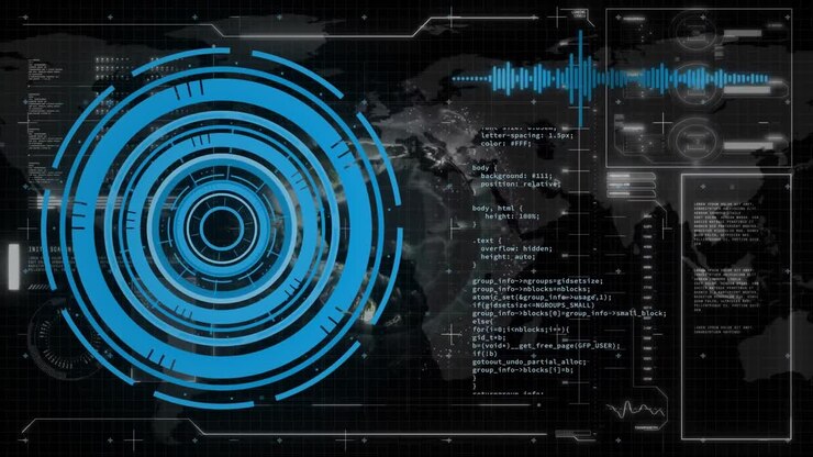Animation of interface with round scanner and data processing against spinning globe