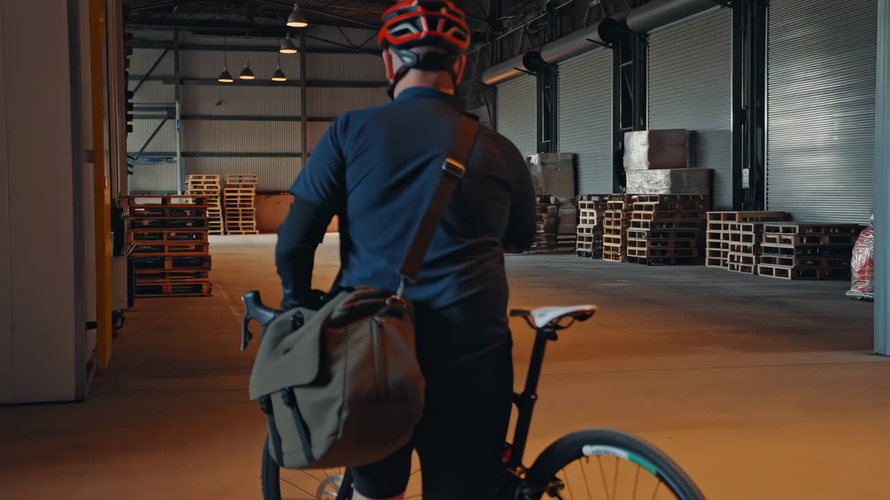 Cycliste poussant son vélo à travers un grand entrepôt