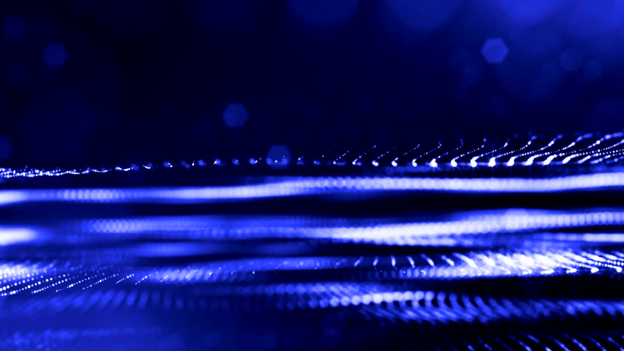 빛나는 입자의 3d 렌더링은 공상과학 소설의 배경이나 현대적 추상적인 파란색 배경으로, 광장 깊이와 보케를 가진 입자가 vj 루프와 같은 선과 표면 구조를 형성합니다.
