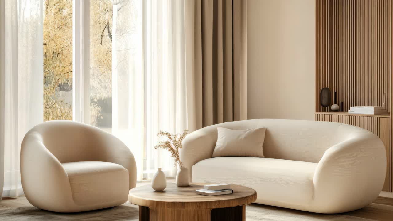 A cozy, minimalist living room with soft beige furniture. Captured from a wide-angle, the video