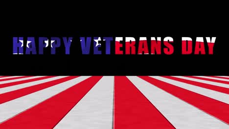 animation of happy veterans day text with red and white stripes on black background