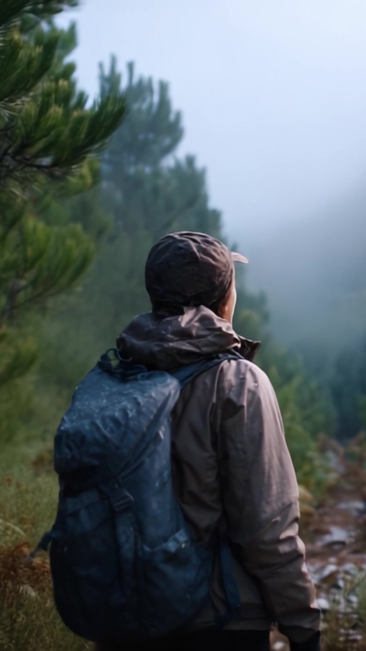 A solitary hiker in misty woods, embracing nature's tranquility while exploring serene trails enveloped in fog and lush greenery, immersed in peaceful solitude.