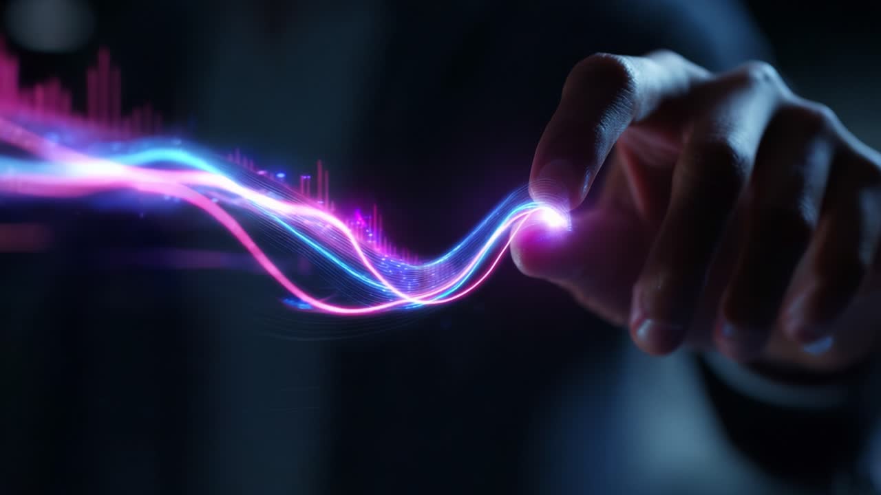 A Dynamic Interaction with Light: A Hand Manipulating Vibrant Waves of Color and Sound, Creating a Digital Experience That Merges Technology and Creativity in a Captivating Display