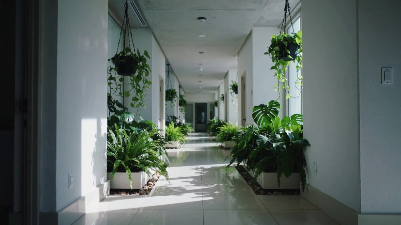 Luz solar cambiante moviéndose a través de un pasillo con plantas desde la puerta de cristal derecha, iluminando macetas y enredaderas