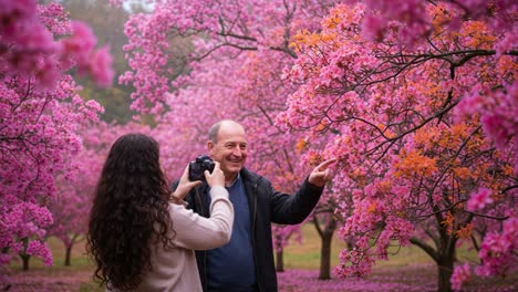 a joyful moment captured among blossoming cherry trees: a man and woman celebrate spring as she takes his photograph in a lush pink garden filled with colorful blooms