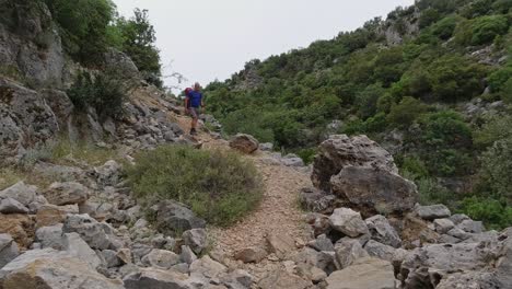 un excursionista blanco masculino en solitario camina cuesta abajo por un camino fácil en el camino licio en turquía