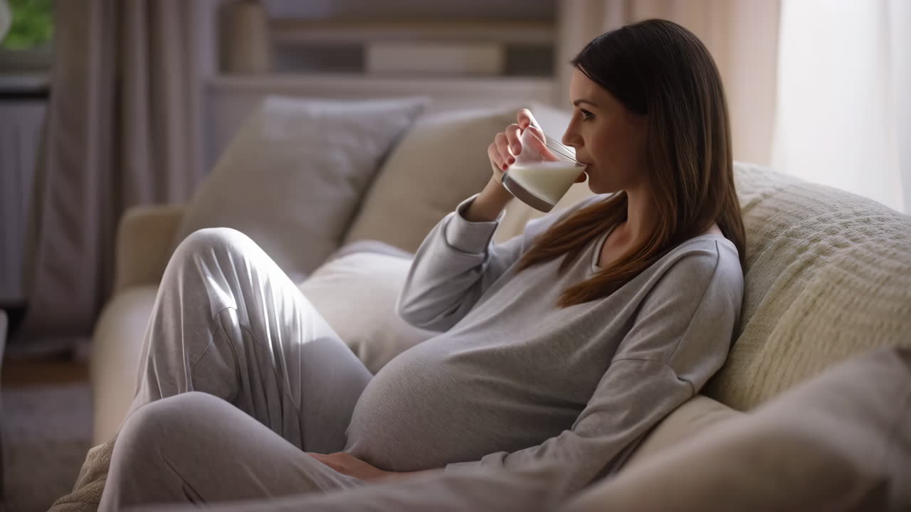 Pregnant woman relaxing on a couch and drinking milk