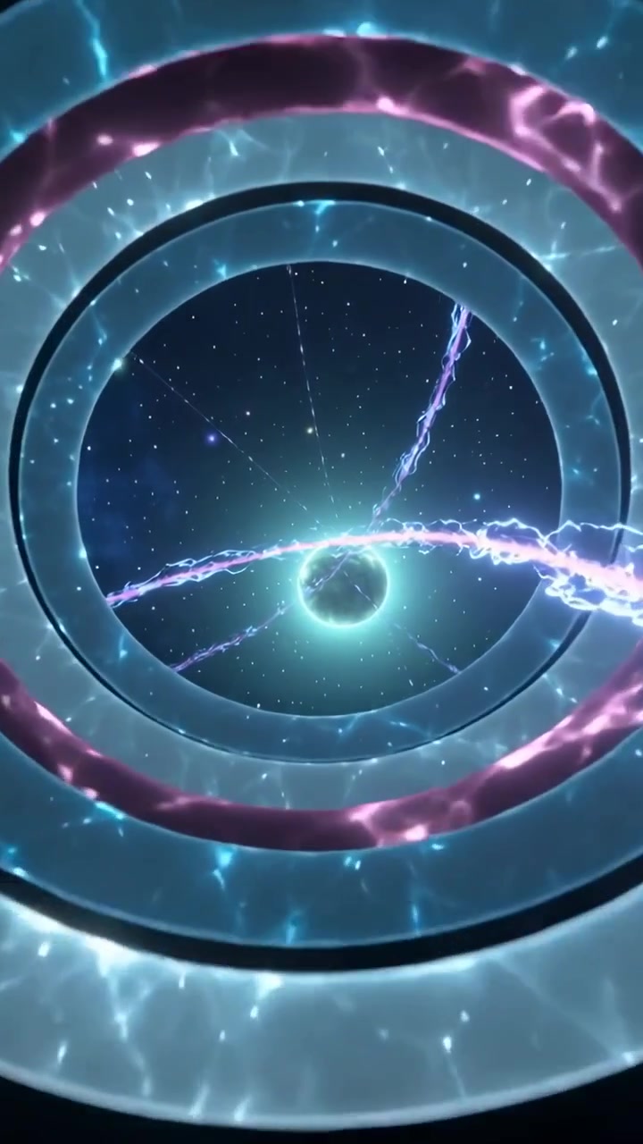Video verticale: Un tentacolo energetico che appare e trascina un tunnel ad anello nello spazio, rivelando una sfera luminosa.
