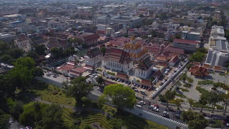 lovely aerial view flight bangkok temple wat mahannapharam worawihan thailand, sunny day 2022