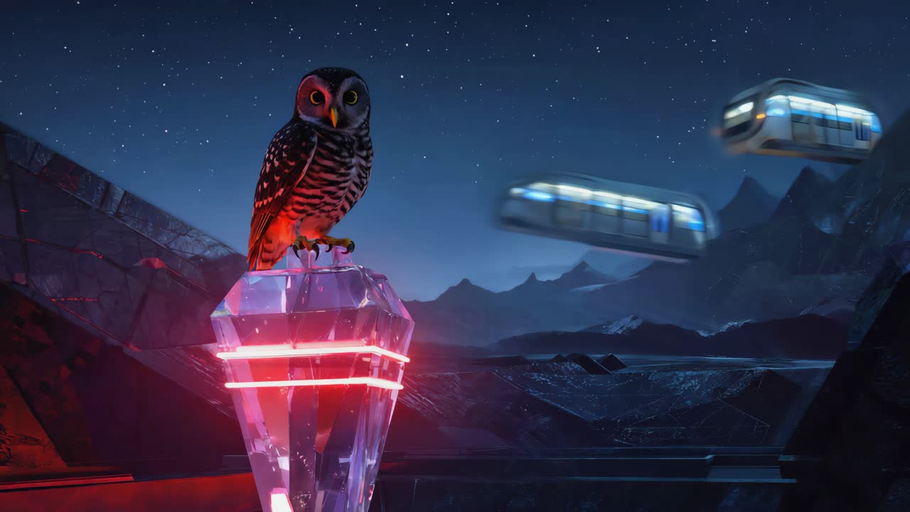 An owl perched on a crystal with a train in the background