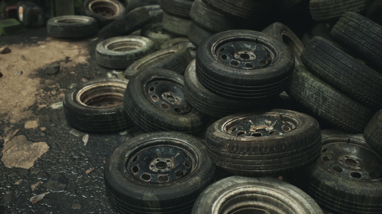 Pile of discarded vehicle tires in an industrial area during daylight hours