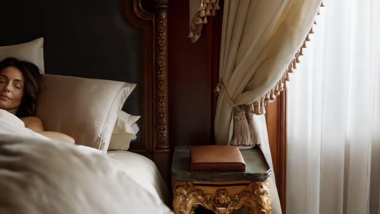 사치스러운 침실에서 잠을 자는 여자
