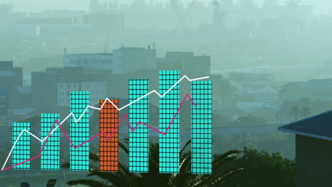 animation of statistical data processing against aerial view of cityscape