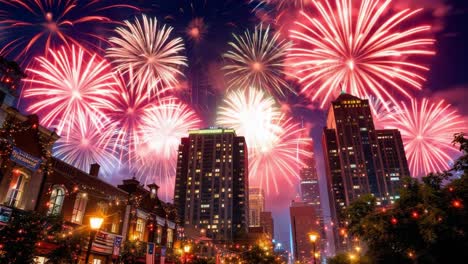 red fireworks bursting over a vibrant cityscape at night, illuminating the skyline during a festive celebration filled with joy and excitement