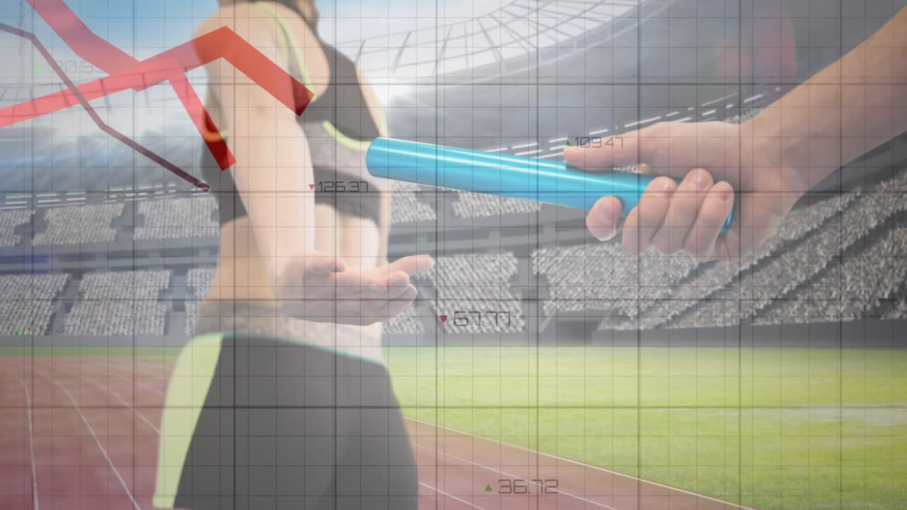 레드 그래프는 스포츠 필드에 대항하여 지 ⁇ 이를 전달하는 손의 실루 ⁇ 에 대해 그리드 네트워크를 이동합니다.