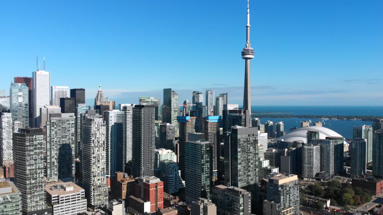 Aerial view of Toronto cityscape including modern high rise buildings in the financial district by day during summer in Toronto, Ontario, Canada