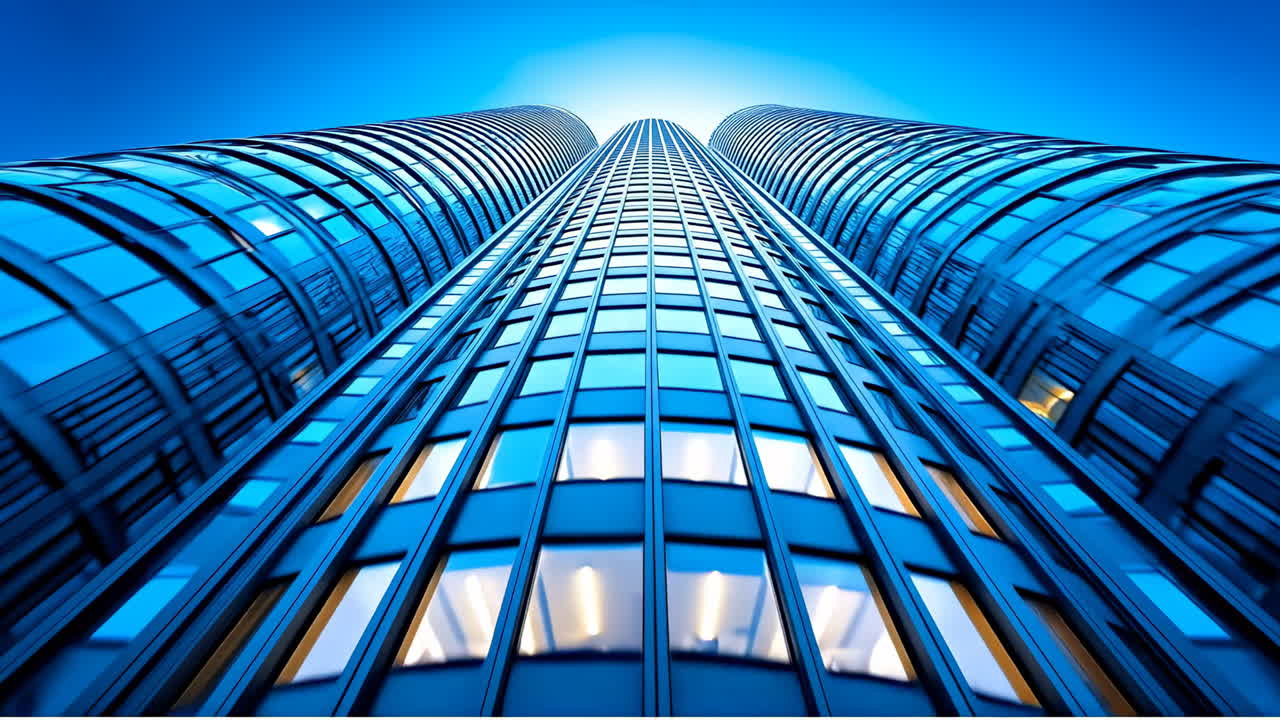 Skyscraper reaches towards the blue sky. A tall building stretches upward, reflecting light from the sky, showcasing modern architecture and design