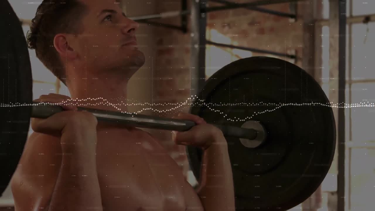 금융 데이터 처리의 애니메이션 백인 남자가 무게를 들어 올리는 것