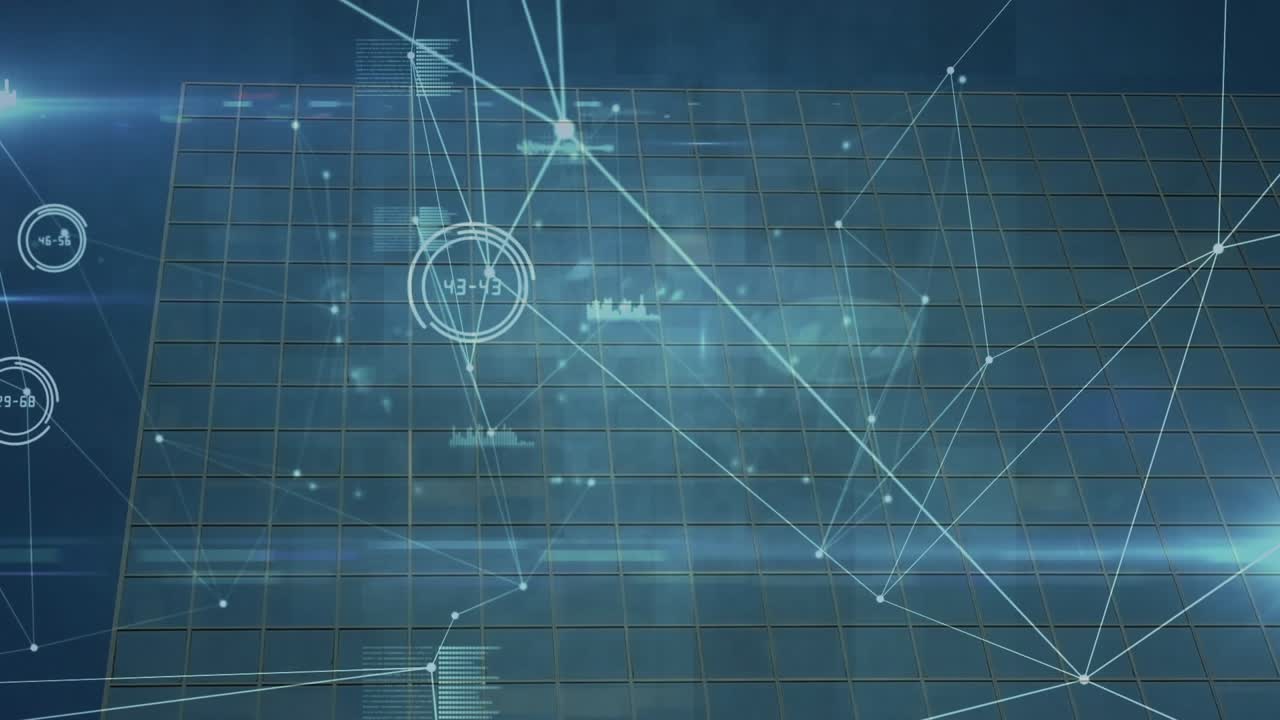 Upper-left marker glowing readout, network lines linking and pulsing, shifting to show data on grid