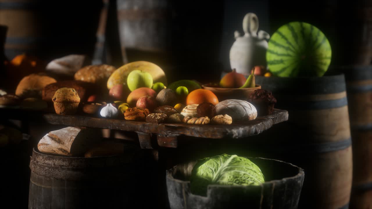mesa de comida con barriles de vino y algunas frutas, verduras y pan