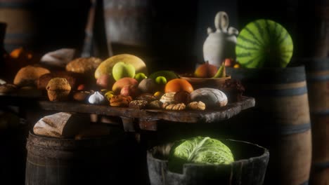 food table with wine barrels and some fruits, vegetables and bread