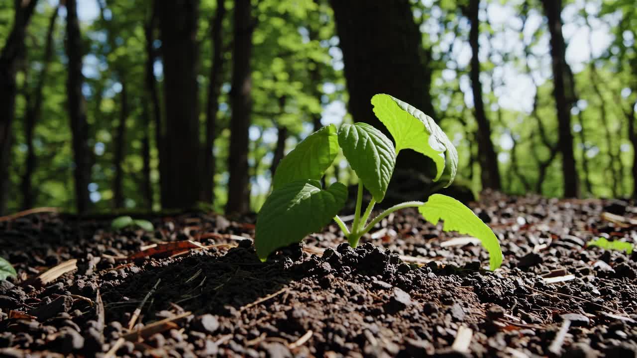 Lavvinkelvideo af en lille plante, der spirer i en solbeskinnet skov med vægt på vækst og natur