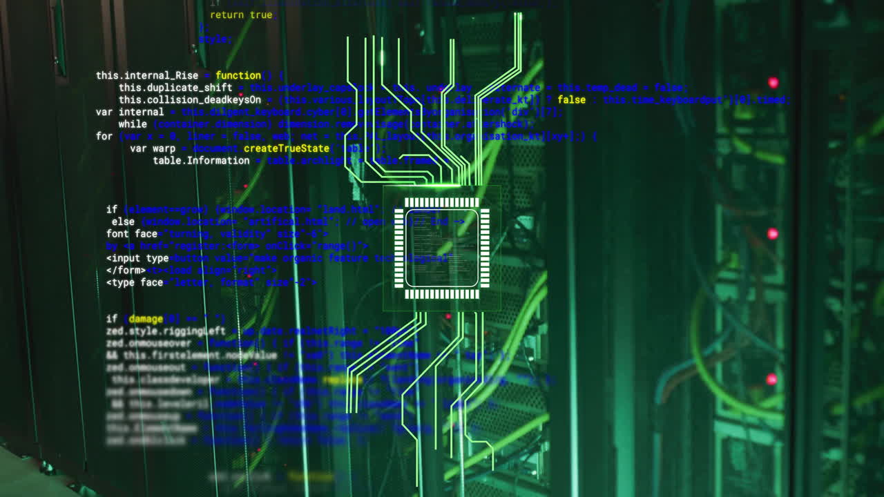 Circuit board and programming code animation over server racks in data center