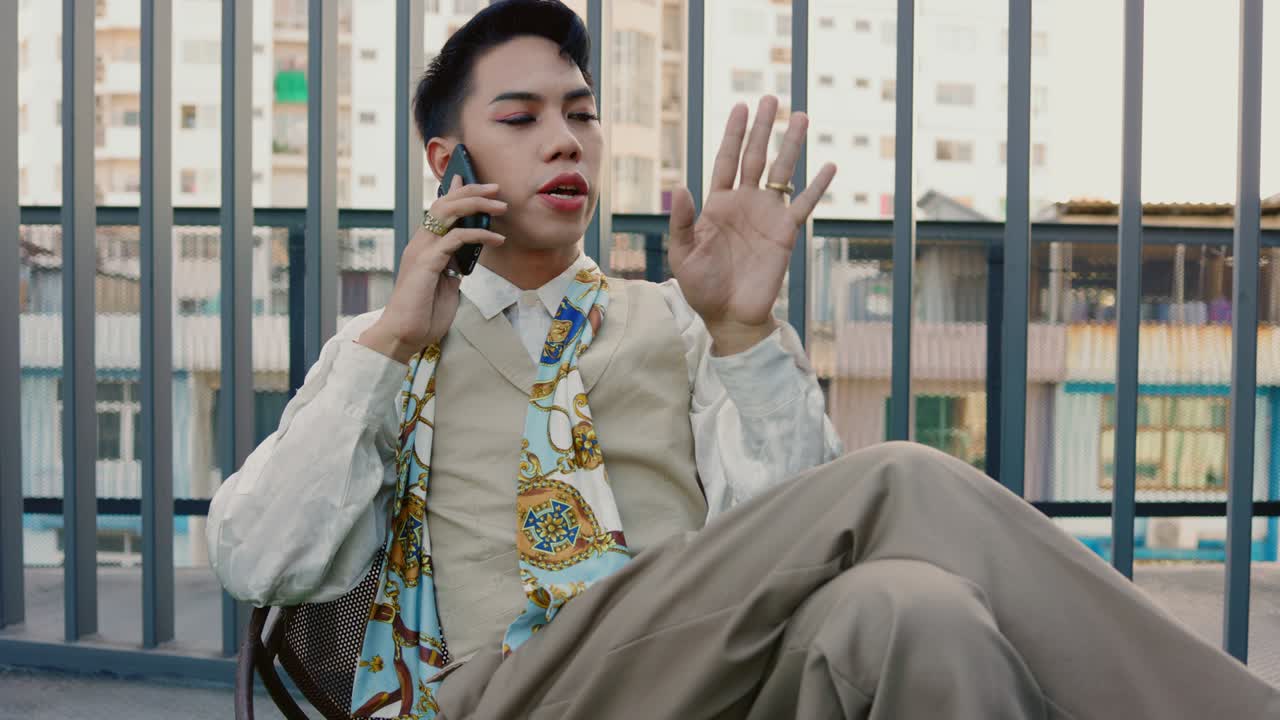 트랜스젠더 남자들이 지붕에서 친구와 전화해서 재미있게 놀고 있어요.