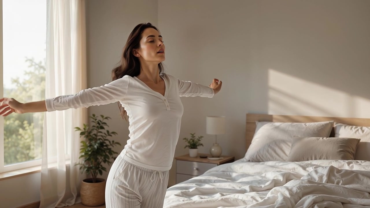 Giovane donna che si stira le braccia e si sveglia in una camera da letto luminosa al mattino