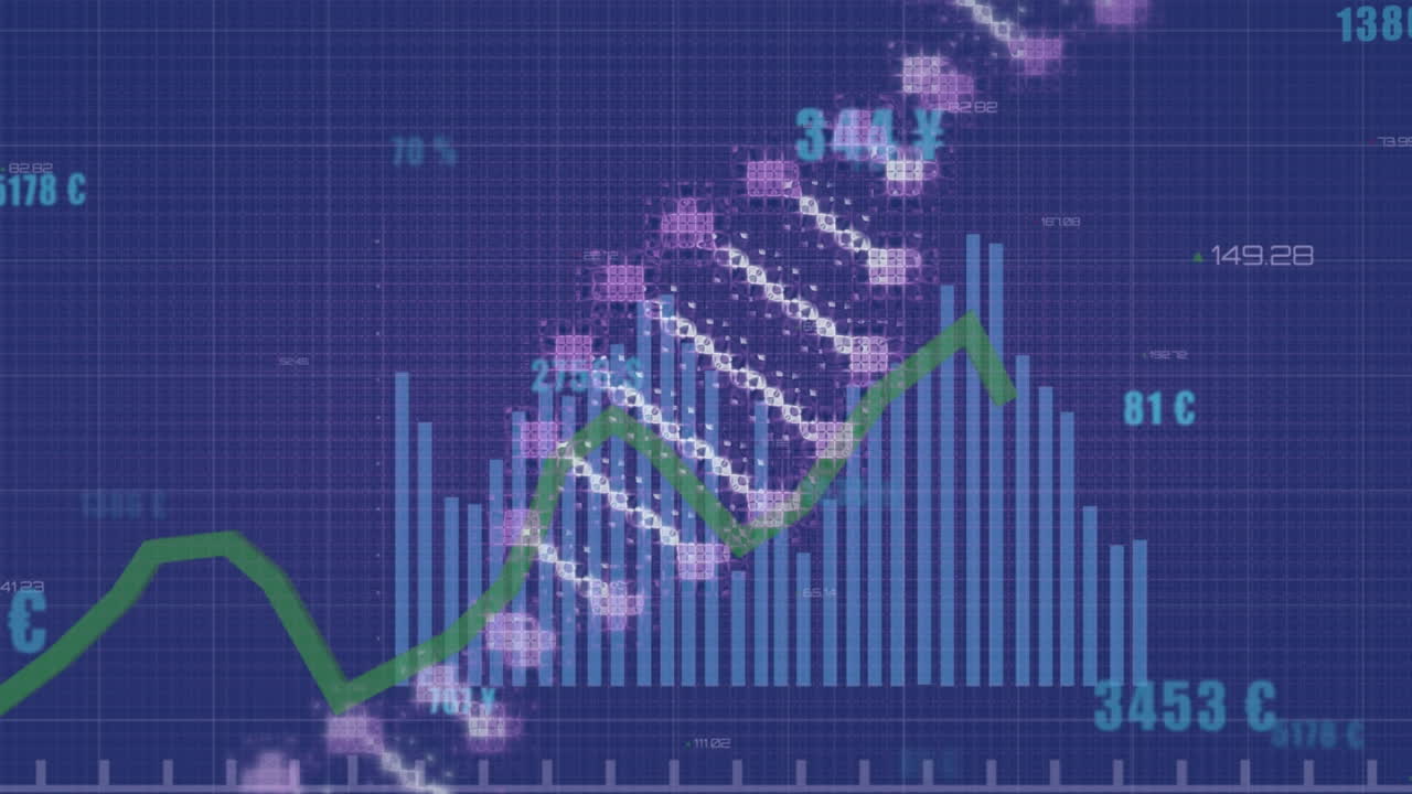 파란색 배경에서 데이터 처리에 대한 dna 가닥의 애니메이션