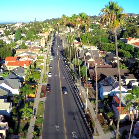 Rising-aerial-shot-over-a-palm-tree-lined-street-in-Southern-California