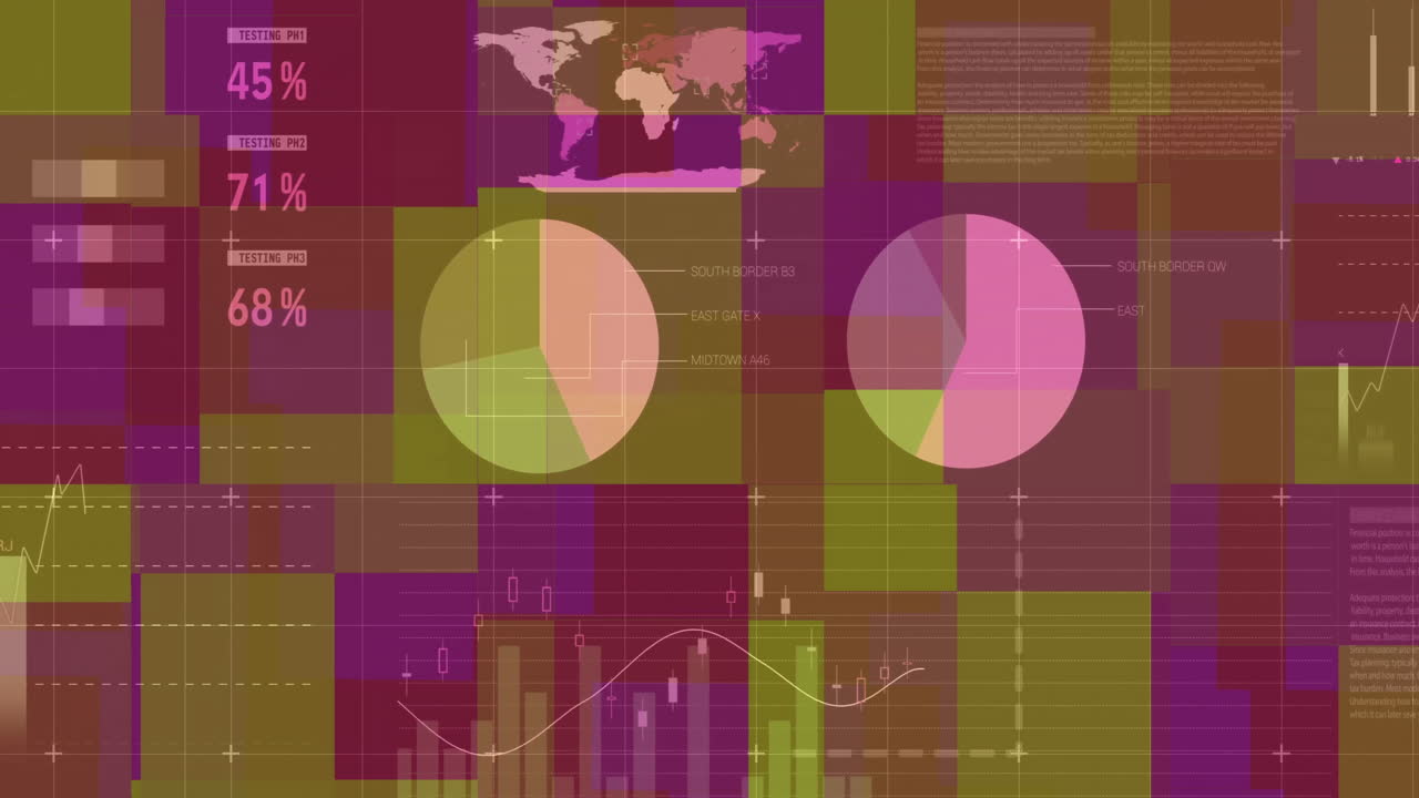 Digital dashboard showing world map silhouette behind pie charts overlaying data in flat design